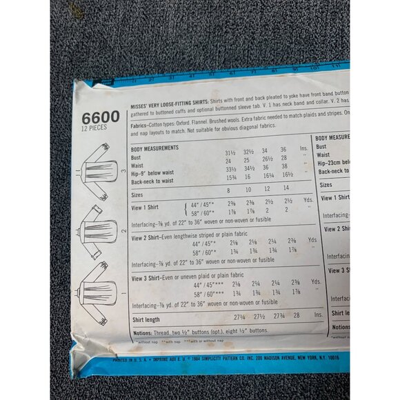 Simplicity Misses Shirt Sewing Pattern sz 12 6600 - uncut - Picture 5 of 10